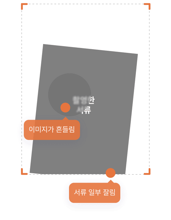 이미지가 흔들림, 서류일부잘림 예시 된 촬영한 서류 이미지